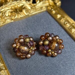 Rare Vintage Karu Arke Beaded Cluster Clip On Earrings